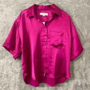 NWT LOFT Satin Short Sleeve Blouse top Women's Size Small Purple career office